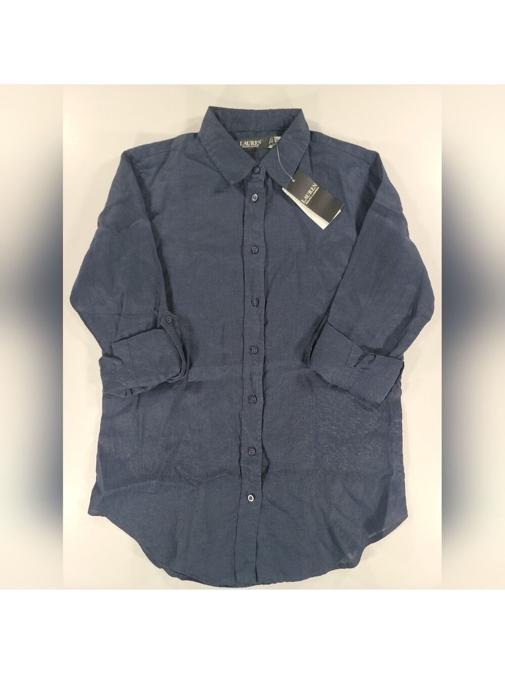 NEW Lauren Ralph Lauren 100% Linen  Button Shirt Womens Small Roll Tab Cuff Navy